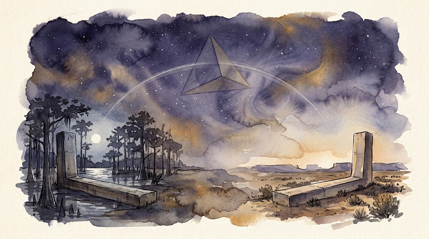 Watercolor illustration of the two LIGO observatories, one in a Louisiana bayou at night and one on high desert at dawn, joined by a faint arc of light across the sky