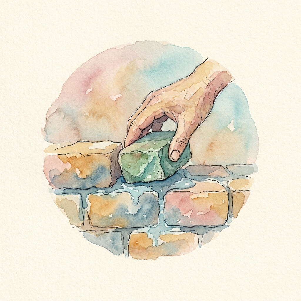 Watercolor emblem: a hand setting a stone into a foundation wall