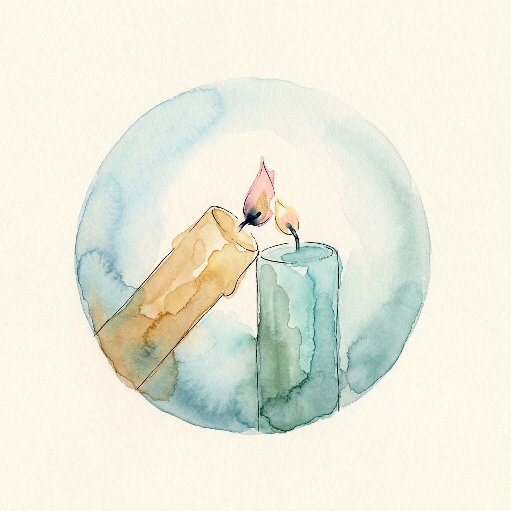 Watercolor emblem: one lit candle lighting a second candle