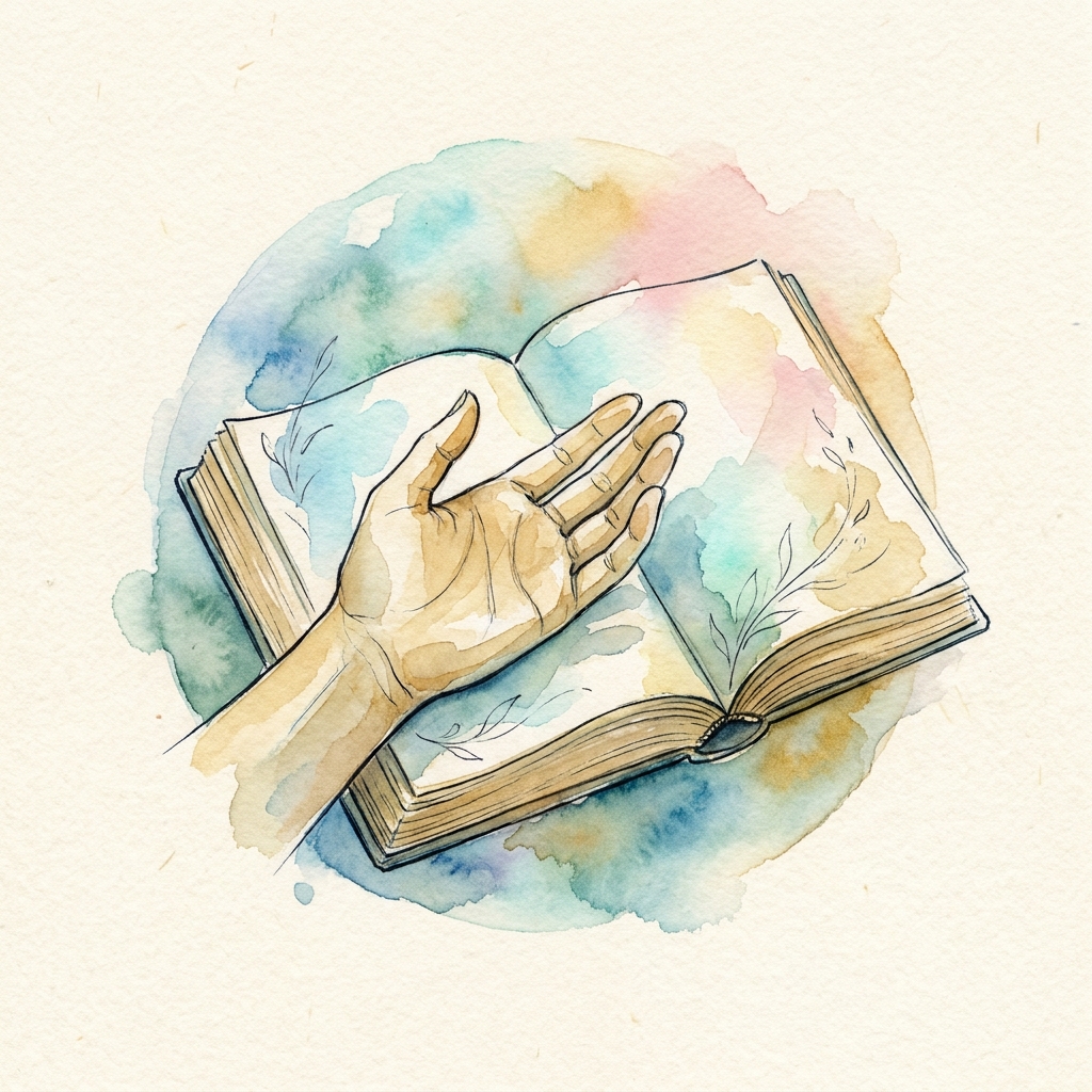 Watercolor emblem: a hand resting on the page of an open book