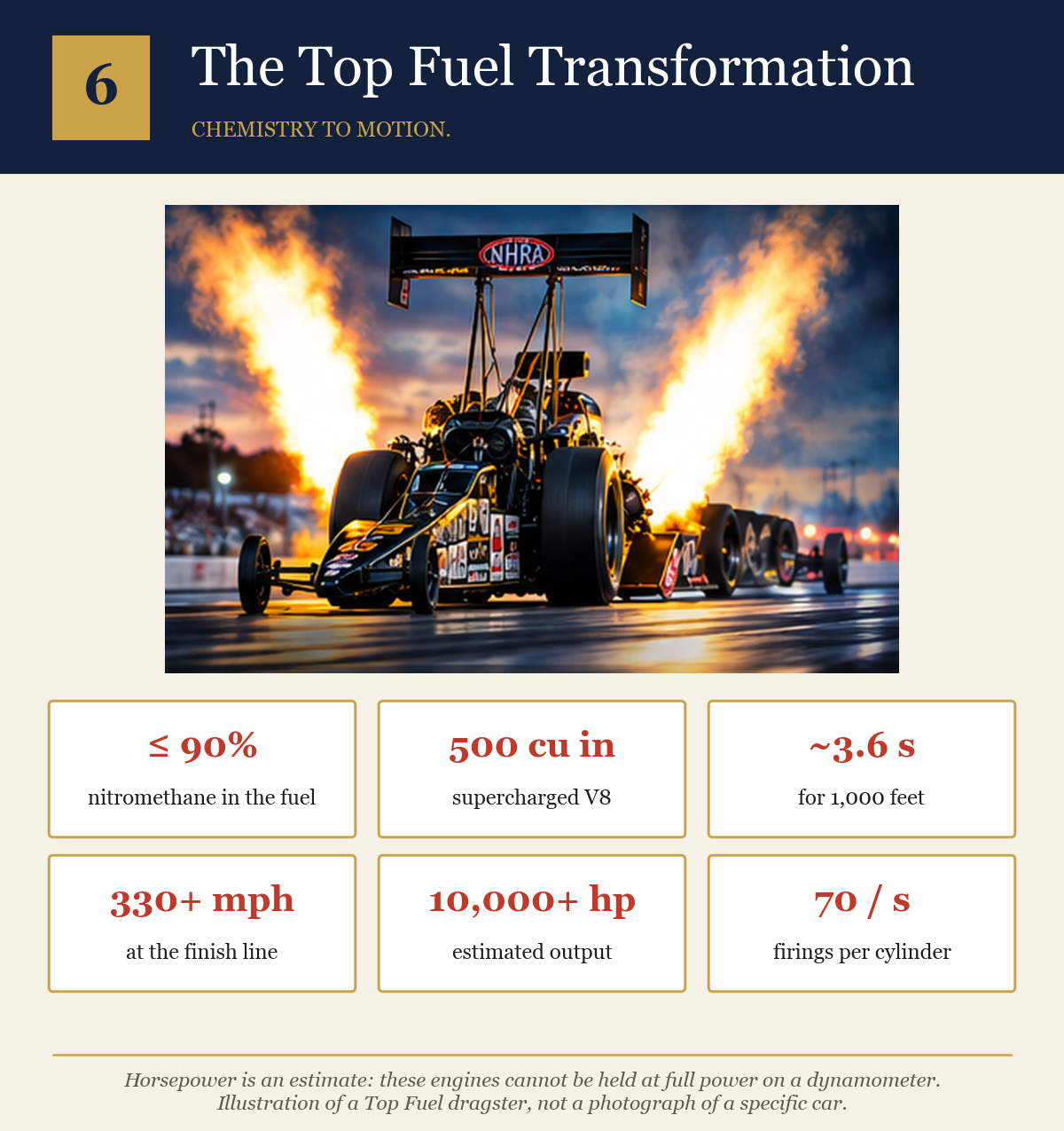 An illustrated Top Fuel dragster at dusk with tall flames from both exhaust banks, above six facts: up to 90% nitromethane, 500 cubic inch supercharged V8, about 3.6 seconds for 1,000 feet, 330+ mph, an estimated 10,000+ horsepower, 70 firings per cylinder per second.