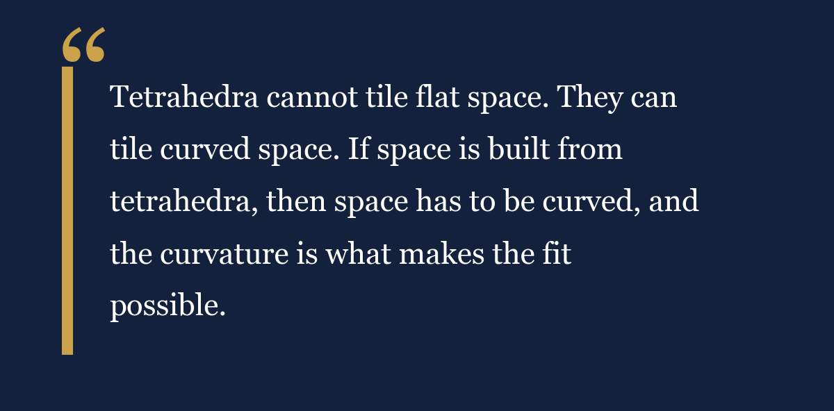 Quote card: “Tetrahedra cannot tile flat space. They can tile curved space. If space is built from tetrahedra, then space has to be curved, and the curvature is what makes the fit possible.”