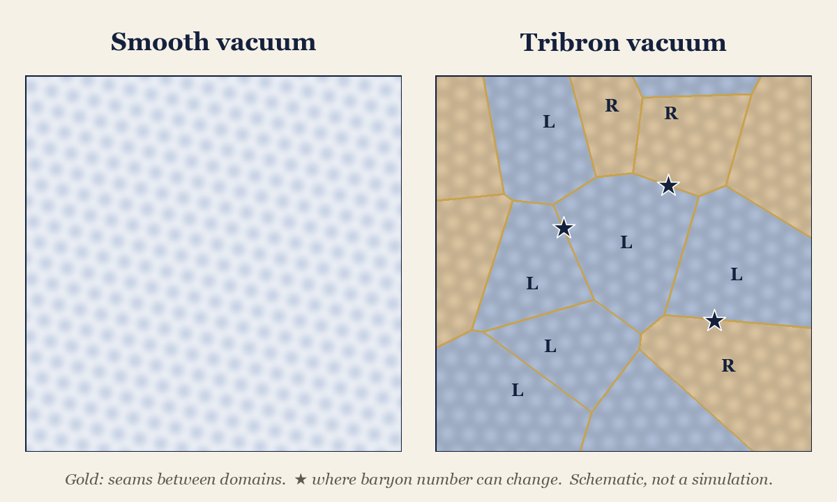 Two square panels side by side. Left, labeled "Smooth vacuum": a single uniform field of pale lattice texture with no seams. Right, labeled "Tribron vacuum": the same area broken into irregular domains, shaded alternately in two colors marked L and R, with gold seams between them; three stars on the seams mark where baryon number can change.